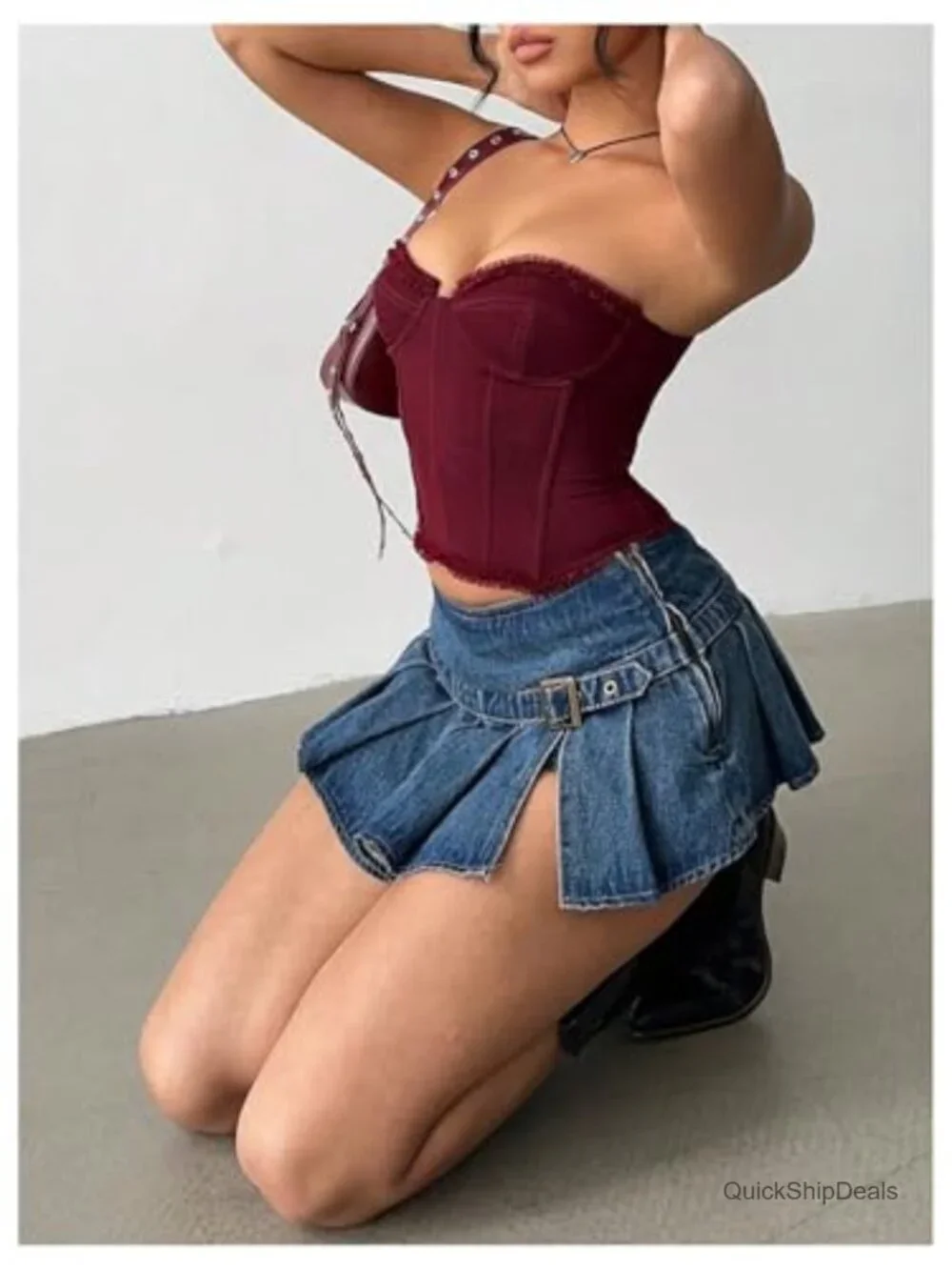 Y2K Low Rise Pleated Mini Denim Skirt with Buckle Belt